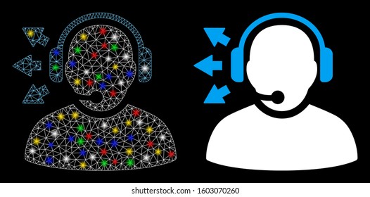 Glossy mesh operator answer speech icon with glitter effect. Abstract illuminated model of operator answer speech. Shiny wire carcass triangular mesh operator answer speech icon.