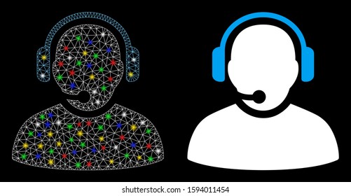Glossy mesh operator icon with glitter effect. Abstract illuminated model of operator. Shiny wire frame triangular mesh operator icon. Vector abstraction on a black background.