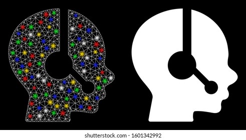 Glossy mesh operator icon with glitter effect. Abstract illuminated model of operator. Shiny wire frame triangular mesh operator icon. Vector abstraction on a black background.