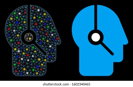 Glossy mesh operator icon with sparkle effect. Abstract illuminated model of operator. Shiny wire carcass polygonal mesh operator icon. Vector abstraction on a black background.