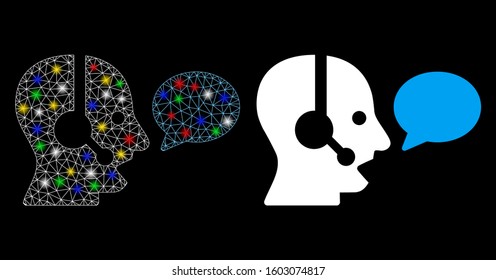 Glossy mesh operator message balloon icon with glow effect. Abstract illuminated model of operator message balloon. Shiny wire carcass triangular mesh operator message balloon icon.