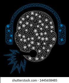 Glossy mesh operator message with glare effect. Abstract illuminated model of operator message icon. Shiny wire carcass triangular mesh operator message. Vector abstraction on a black background.