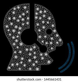 Glossy mesh operator speech with glow effect. Abstract illuminated model of operator speech icon. Shiny wire carcass polygonal mesh operator speech. Vector abstraction on a black background.