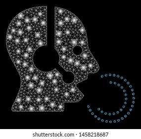 Glossy mesh operator speech with glow effect. Abstract illuminated model of operator speech icon. Shiny wire carcass polygonal mesh operator speech. Vector abstraction on a black background.