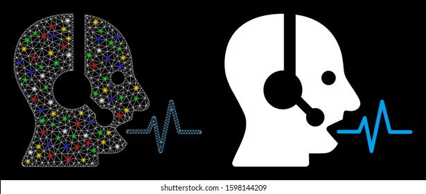 Glossy mesh operator speech icon with sparkle effect. Abstract illuminated model of operator speech. Shiny wire frame triangular mesh operator speech icon. Vector abstraction on a black background.