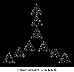 Glossy mesh outside direction triangles with glare effect. Abstract illuminated model of outside direction triangles icon. Shiny wire carcass triangular mesh outside direction triangles.