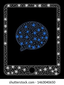 Glossy mesh pad chat message with lightspot effect. Abstract illuminated model of pad chat message icon. Shiny wire carcass polygonal mesh pad chat message. Vector abstraction on a black background.