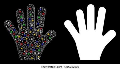 Glossy mesh palm fingers icon with sparkle effect. Abstract illuminated model of palm fingers. Shiny wire carcass polygonal mesh palm fingers icon. Vector abstraction on a black background.