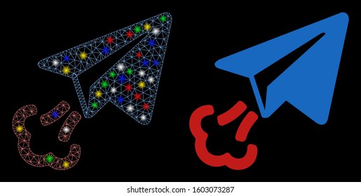 Glossy mesh paper airplane start icon with sparkle effect. Abstract illuminated model of paper airplane start. Shiny wire carcass triangular mesh paper airplane start icon.