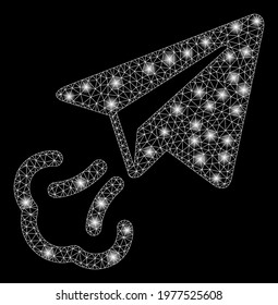 Glossy mesh paper plane start with glow effect. Abstract illuminated model of paper plane start icon. Shiny wire carcass polygonal mesh paper plane start. Vector abstraction on a black background.