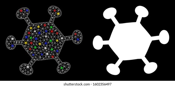 Glossy mesh parasite microbe icon with glow effect. Abstract illuminated model of parasite microbe. Shiny wire frame polygonal mesh parasite microbe icon. Vector abstraction on a black background.