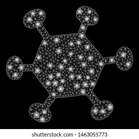 Glossy mesh parasite microbe with sparkle effect. Abstract illuminated model of parasite microbe icon. Shiny wire carcass triangular mesh parasite microbe. Vector abstraction on a black background.