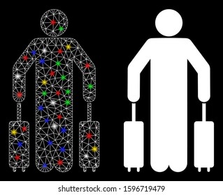Glossy mesh passenger baggage icon with lightspot effect. Abstract illuminated model of passenger baggage. Shiny wire frame polygonal network passenger baggage icon.