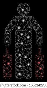 Glossy mesh passenger luggage with glitter effect. Abstract illuminated model of passenger luggage icon. Shiny wire carcass triangular mesh passenger luggage. Vector abstraction on a black background.