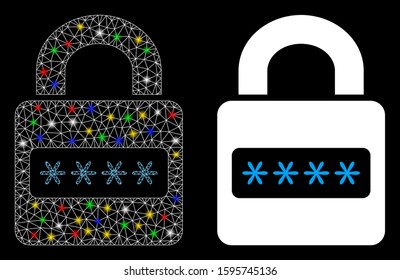Glossy mesh password lock icon with glare effect. Abstract illuminated model of password lock. Shiny wire frame polygonal mesh password lock icon. Vector abstraction on a black background.
