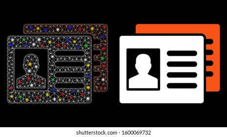 Glossy mesh patient accounts icon with glare effect. Abstract illuminated model of patient accounts. Shiny wire frame triangular mesh patient accounts icon. Vector abstraction on a black background.