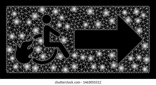 Glossy mesh patient exit with lightspot effect. Abstract illuminated model of patient exit icon. Shiny wire frame polygonal mesh patient exit. Vector abstraction on a black background.