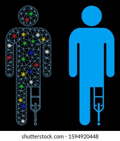 Glossy mesh patient man icon with glare effect. Abstract illuminated model of patient man. Shiny wire frame triangular mesh patient man icon. Vector abstraction on a black background.