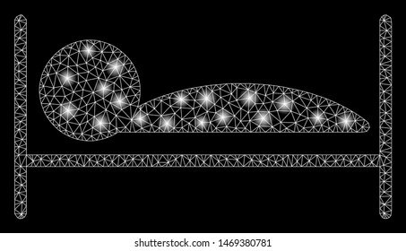 Glossy mesh patient sleep with lightspot effect. Abstract illuminated model of patient sleep icon. Shiny wire carcass polygonal mesh patient sleep. Vector abstraction on a black background.
