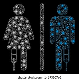 Glossy mesh patient WC persons with glow effect. Abstract illuminated model of patient WC persons icon. Shiny wire frame triangular mesh patient WC persons. Vector abstraction on a black background.