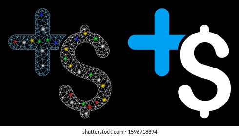 Glossy mesh pay medicine icon with sparkle effect. Abstract illuminated model of pay medicine. Shiny wire carcass polygonal mesh pay medicine icon. Vector abstraction on a black background.