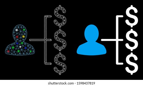 Glossy mesh payer relations icon with glow effect. Abstract illuminated model of payer relations. Shiny wire carcass triangular network payer relations icon. Vector abstraction on a black background.