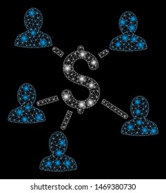 Glossy mesh payment clients with glow effect. Abstract illuminated model of payment clients icon. Shiny wire frame triangular mesh payment clients. Vector abstraction on a black background.