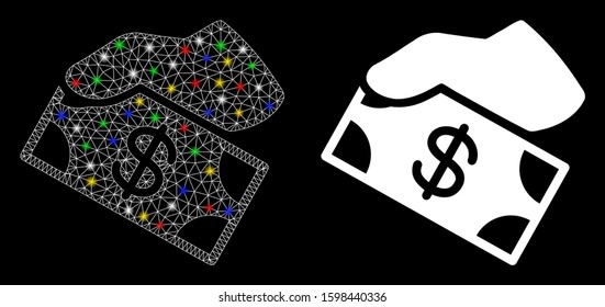 Glossy mesh payment icon with glare effect. Abstract illuminated model of payment. Shiny wire frame triangular mesh payment icon. Vector abstraction on a black background.