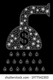 Glossy mesh payment shower with lightspot effect. Abstract illuminated model of payment shower icon. Shiny wire frame polygonal mesh payment shower. Vector abstraction on a black background.