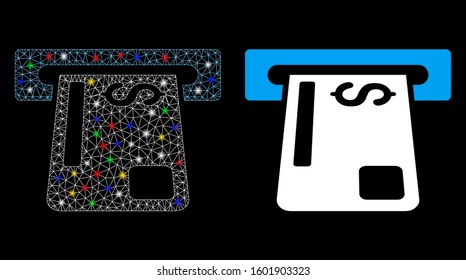 Glossy mesh payment terminal icon with glitter effect. Abstract illuminated model of payment terminal. Shiny wire carcass triangular network payment terminal icon.