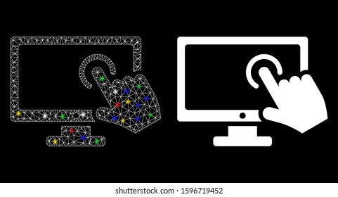 Glossy mesh PC screen tap icon with glare effect. Abstract illuminated model of PC screen tap. Shiny wire carcass triangular mesh PC screen tap icon. Vector abstraction on a black background.