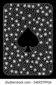 Glossy mesh peaks playing card with sparkle effect. Abstract illuminated model of peaks playing card icon. Shiny wire frame triangular mesh peaks playing card.