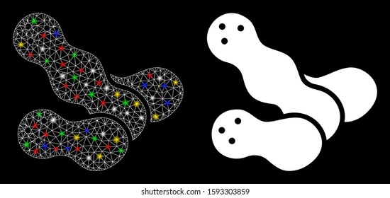 Glossy mesh peanuts icon with sparkle effect. Abstract illuminated model of peanuts. Shiny wire frame polygonal mesh peanuts icon. Vector abstraction on a black background.