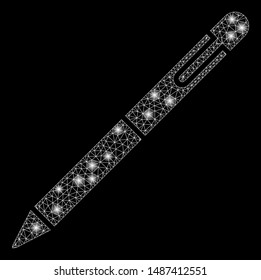 Glossy mesh pen with glare effect. Abstract illuminated model of pen icon. Shiny wire carcass polygonal network pen. Vector abstraction on a black background.