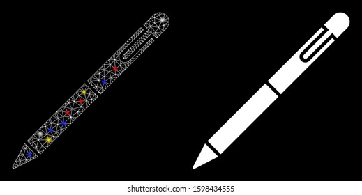 Glossy mesh pen icon with glow effect. Abstract illuminated model of pen. Shiny wire frame triangular mesh pen icon. Vector abstraction on a black background.