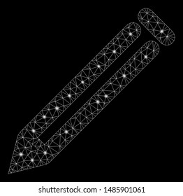 Glossy mesh pencil with glitter effect. Abstract illuminated model of pencil icon. Shiny wire carcass triangular mesh pencil. Vector abstraction on a black background.