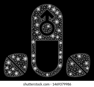 Glossy mesh penis potency tablets with sparkle effect. Abstract illuminated model of penis potency tablets icon. Shiny wire carcass polygonal mesh penis potency tablets.