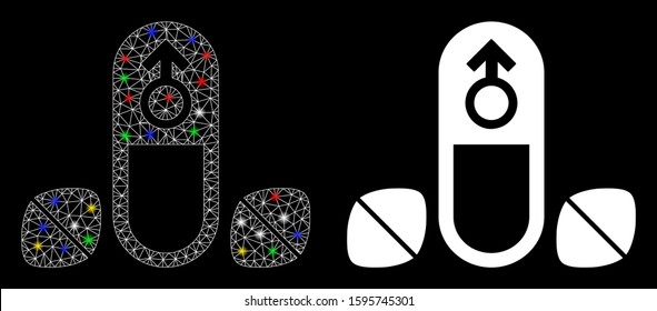 Glossy mesh penis potency tablets icon with lightspot effect. Abstract illuminated model of penis potency tablets. Shiny wire frame triangular mesh penis potency tablets icon.