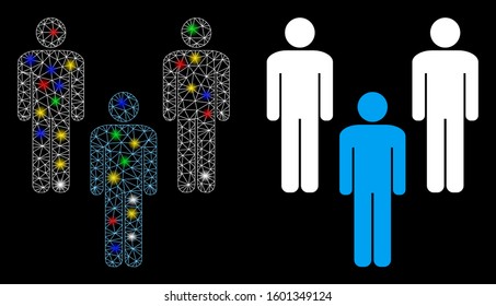 Glossy mesh people community icon with glare effect. Abstract illuminated model of people community. Shiny wire frame polygonal mesh people community icon. Vector abstraction on a black background.