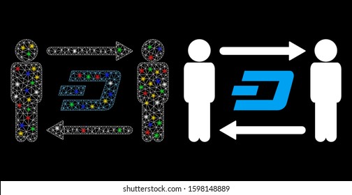 Glossy mesh people exchange Dash icon with glare effect. Abstract illuminated model of people exchange Dash. Shiny wire carcass triangular network people exchange Dash icon.