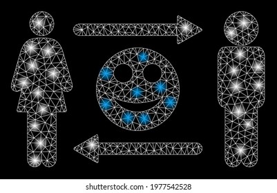 Glossy mesh people exchange smile with glow effect. Abstract illuminated model of people exchange smile icon. Shiny wire carcass polygonal mesh people exchange smile.