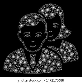 Glossy mesh people with glare effect. Abstract illuminated model of people icon. Shiny wire carcass triangular mesh people. Vector abstraction on a black background.