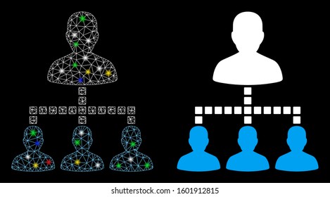 Glossy mesh people hierarchy icon with glow effect. Abstract illuminated model of people hierarchy. Shiny wire carcass polygonal mesh people hierarchy icon. Vector abstraction on a black background.
