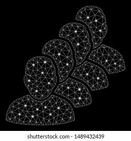 Glossy mesh people queue with glare effect. Abstract illuminated model of people queue icon. Shiny wire frame polygonal mesh people queue. Vector abstraction on a black background.