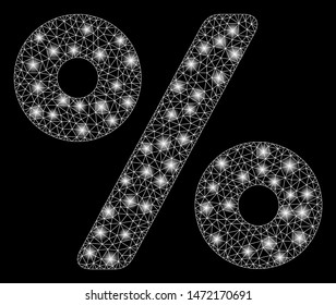 Glossy mesh percent with glitter effect. Abstract illuminated model of percent icon. Shiny wire carcass triangular mesh percent. Vector abstraction on a black background.