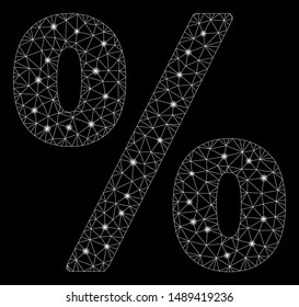 Glossy mesh percent with sparkle effect. Abstract illuminated model of percent icon. Shiny wire carcass triangular mesh percent. Vector abstraction on a black background.