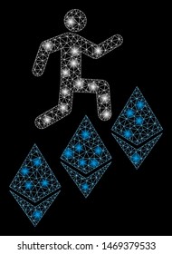 Glossy mesh person climb Ethereum with glitter effect. Abstract illuminated model of person climb Ethereum icon. Shiny wire frame polygonal mesh person climb Ethereum.