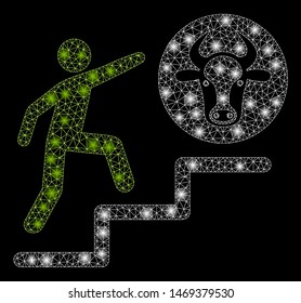 Glossy mesh person climbing to cow with lightspot effect. Abstract illuminated model of person climbing to cow icon. Shiny wire carcass polygonal network person climbing to cow.