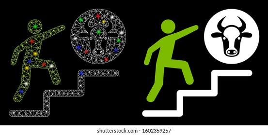 Glossy mesh person climbing to cow icon with glare effect. Abstract illuminated model of person climbing to cow. Shiny wire carcass polygonal mesh person climbing to cow icon.