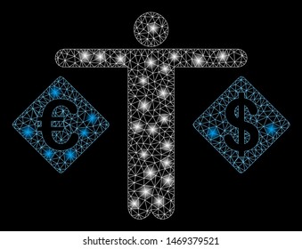 Glossy mesh person compare Dollar and Euro with glare effect. Abstract illuminated model of person compare Dollar and Euro icon. Shiny wire frame triangular mesh person compare Dollar and Euro.